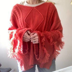 Bright orange ANDTHEWHY fringe sleeve boho knit sweater, size S-XL